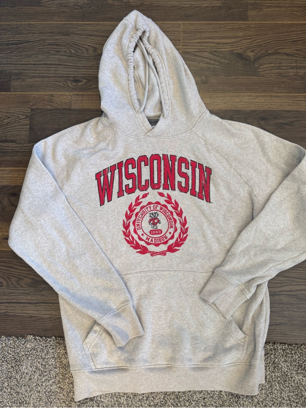 Wisconsin Red Logo Gray Hoodie Sweatshirt